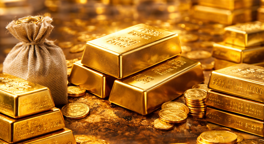 Lingotti e monete d’oro su un tavolo, simbolo dell’investimento in oro come bene rifugio.