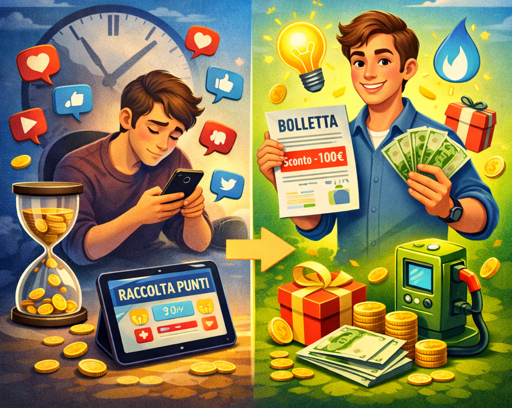Illustrazione divisa in due scene: a sinistra un ragazzo perde tempo sui social davanti allo smartphone mentre scorrono icone e una clessidra piena di monete; a destra lo stesso ragazzo appare soddisfatto, tiene in mano una bolletta con sconto e del denaro, circondato da simboli di risparmio, premi e energia.